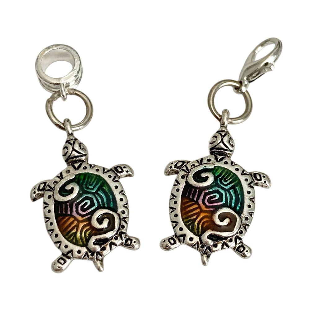 Sea Turtle European Slider Bead Clip Charm Silver Nautical Island Beach Enamel